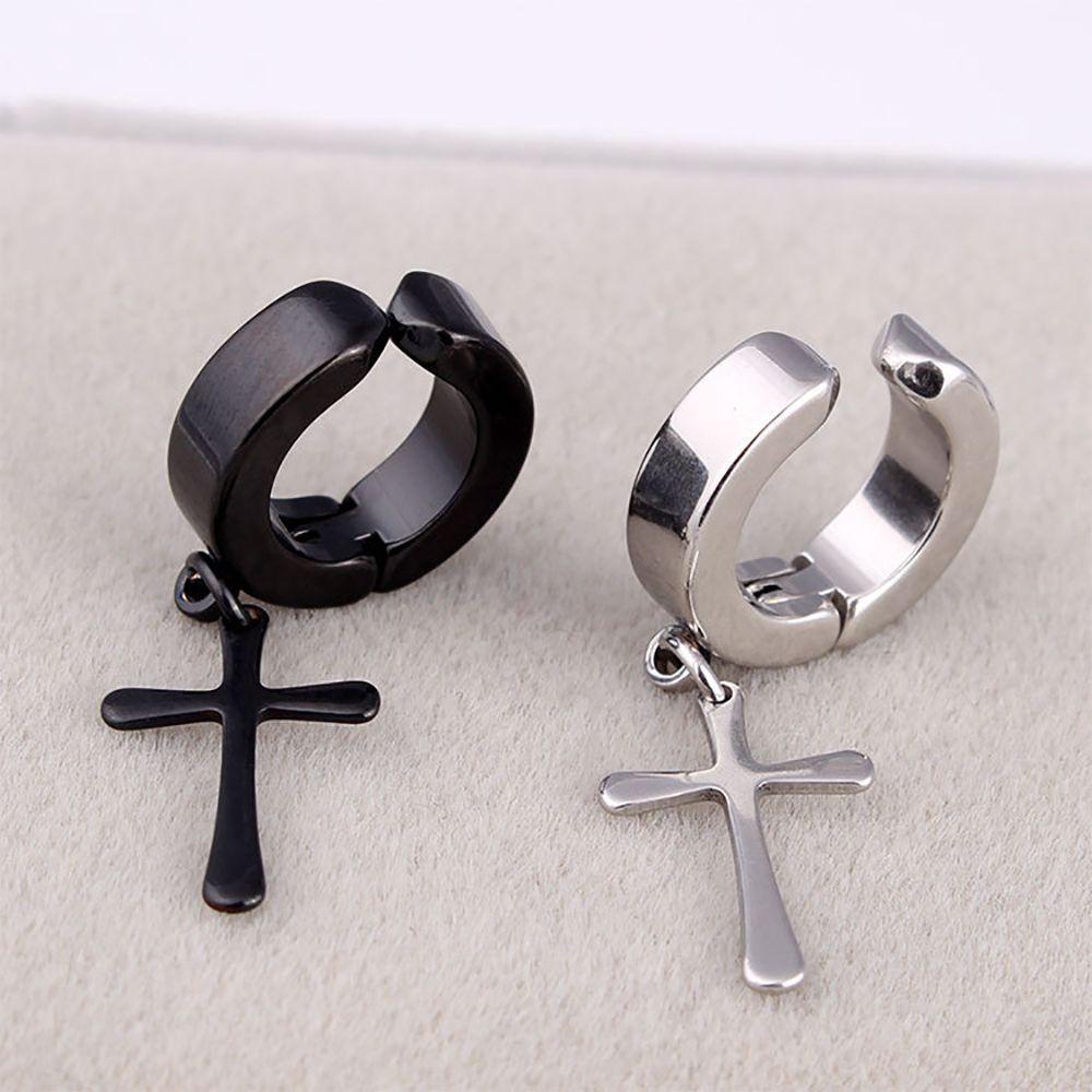 Needway Anting Klip Salib Keren Sederhana Wanita Hadiah Stainless Steel Elegan Anting Tanpa Tindik