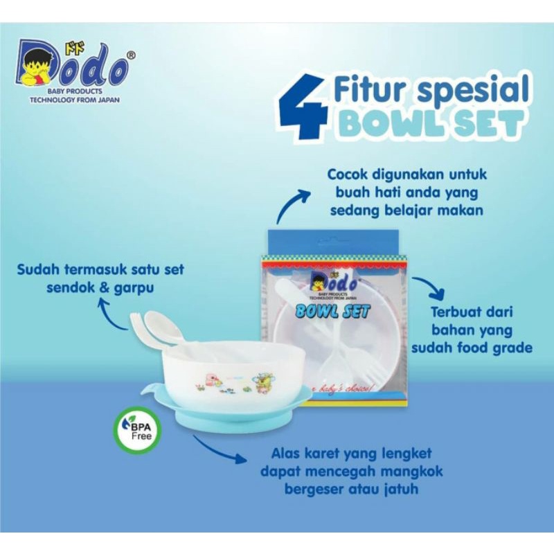 Dodo Bowl Set Mangkok Set Bayi Anti Tumpah (Mangkok + Sendok + Garpu + Alas Karet) BPA Free Mangkuk Bayi