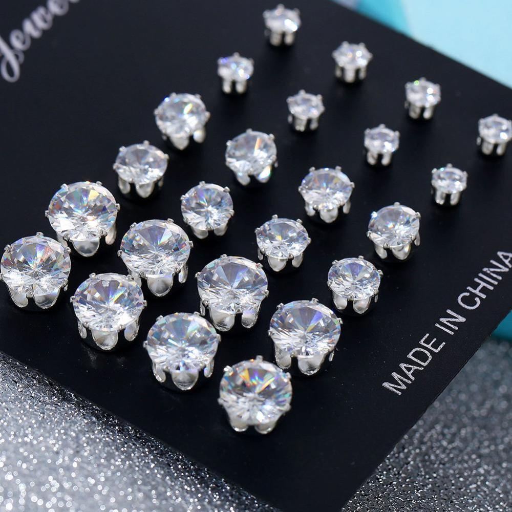 Timekey 12 Pasangset Anting Tusuk Alloy Bulat Hias Zircon Untuk Wanita A7K6