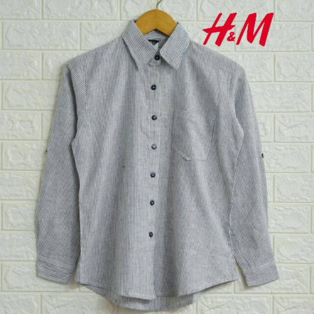 H&M Kemeja Salur Hitam Putih Wanita Baju Kantor Formal Kerja Cewek Katun Salur Halus kemeja kerja