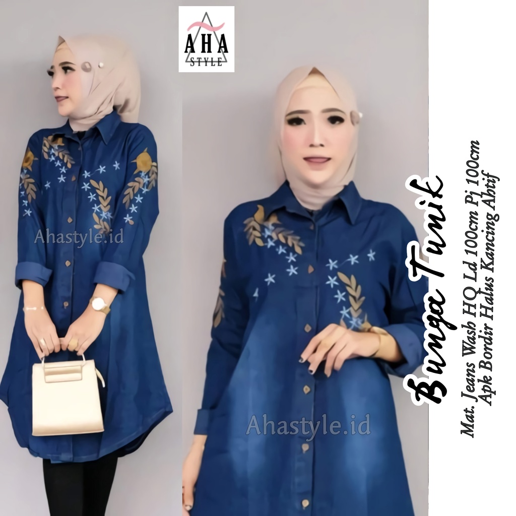 Baju Atasan Muslim Long Tunik Jeans Denim Wanita Terbaru Bordir Bunga Timbul Busui Kekinian Premium 