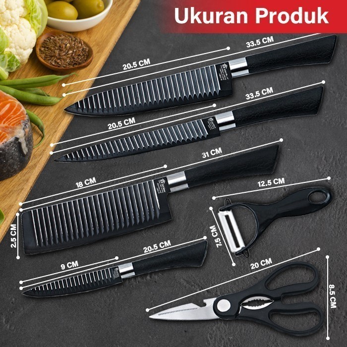 BAROKAH GAMIS PREMIUM Pisau Dapur Set 6 in 1 Stainless Steel Pisau Set SUPER Hitam