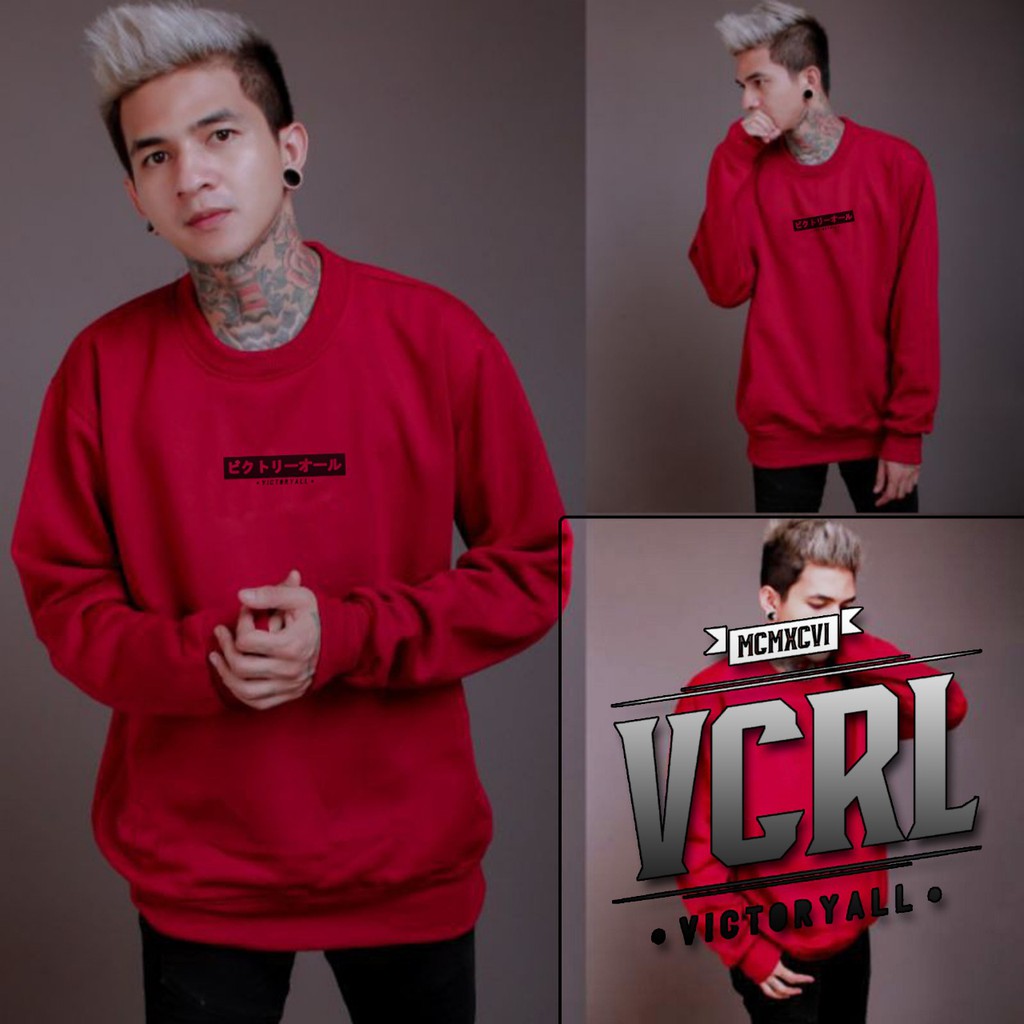 ( Victoryall ) Sweater Pria Deas gitar hitam Beludru Panas Musim Gugur Berkerudung Dingin Remaja Memakai Versi-Crewneck japan marun