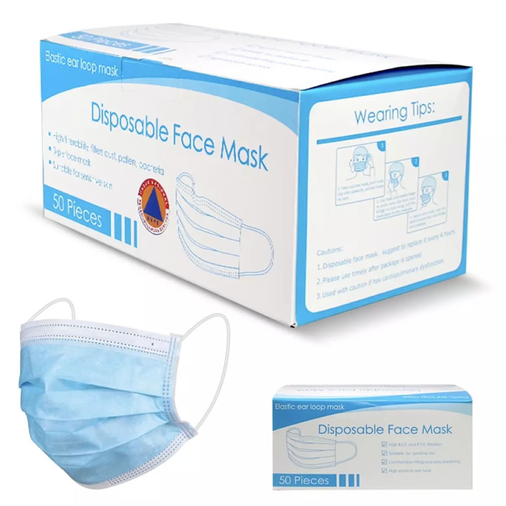 Masker 3 Ply 1 Box Isi 50 Pcs Masker Medis Bedah 3Ply / Masker Earloop Disposable Surgical Face Mask