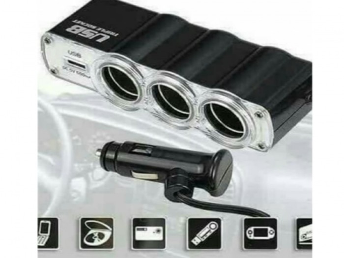 Charger splitter mobil 3 soket lighter plus usb port - LIGHTER CABANG