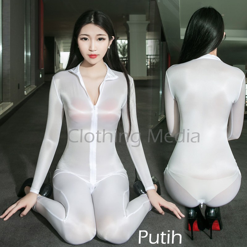 Full Bodysuit Shiny Premium Silky Halus Jumpsuit Glossy Transparan Zipper