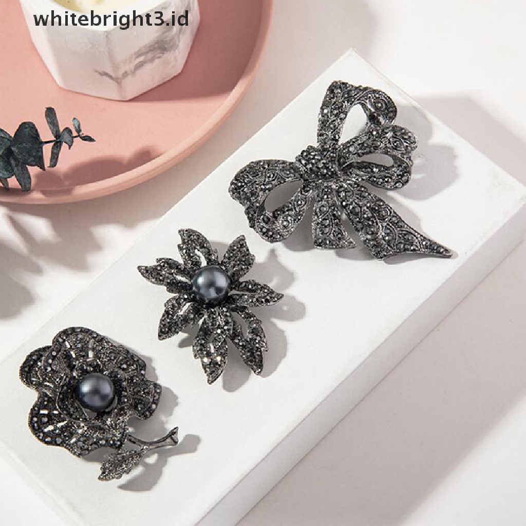 {whitebright3.id} Retro Black Crystal Pearl Flower Bow Shape Brooch Scarf Pin Jewelry Accessories ,