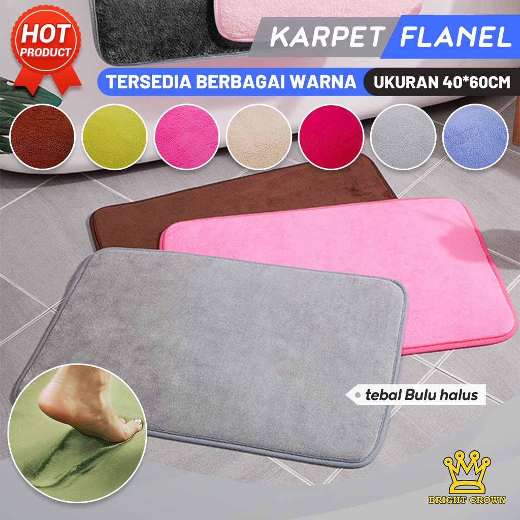 Bright Crown Keset Kaki Flanel Anti Slip / Keset Kamar Mandi Nyerap Air UK 40X60CM 9 Warna