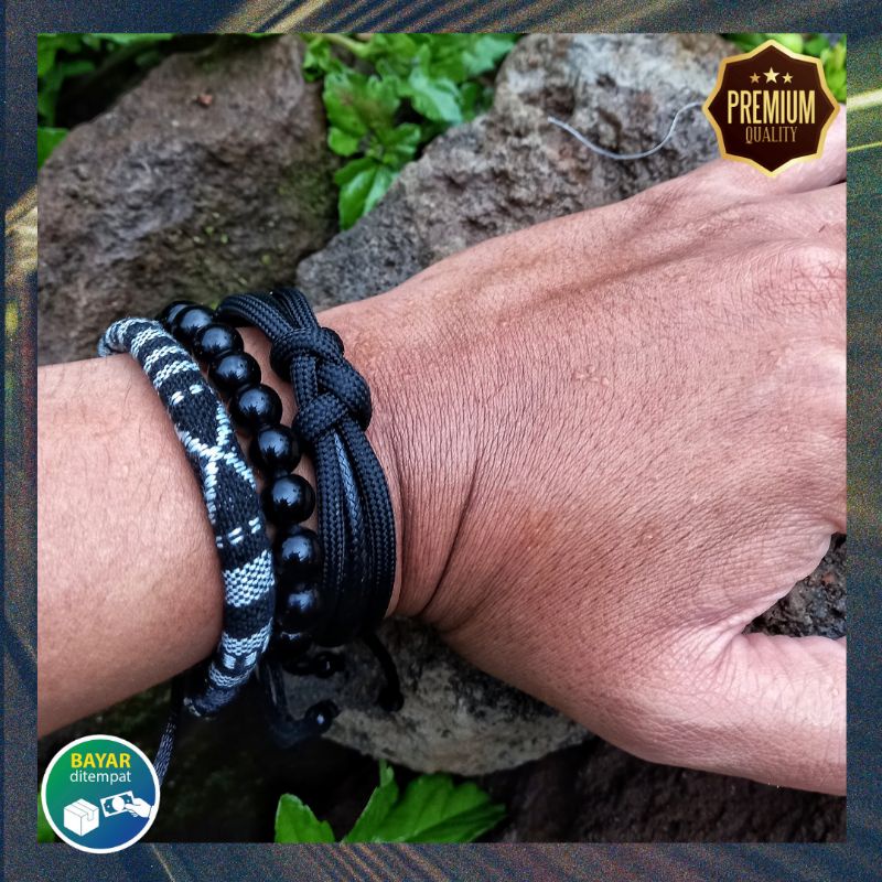 Gelang Pria Keren Hitam Polos Paracord 4mm Etnik Rajut Paket Set Cowok Keren Laki Laki Murah Premium Vintage