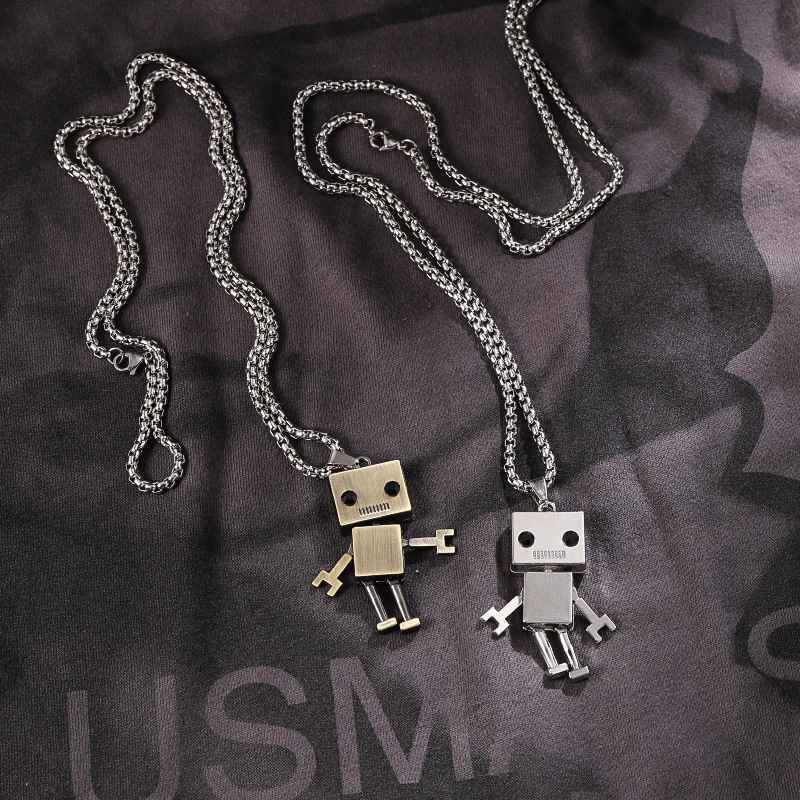 Kalung Rantai Liontin Robot Kubus Bahan Stainless Steel Gaya Hip-hop Untuk Pria Dan Wanita