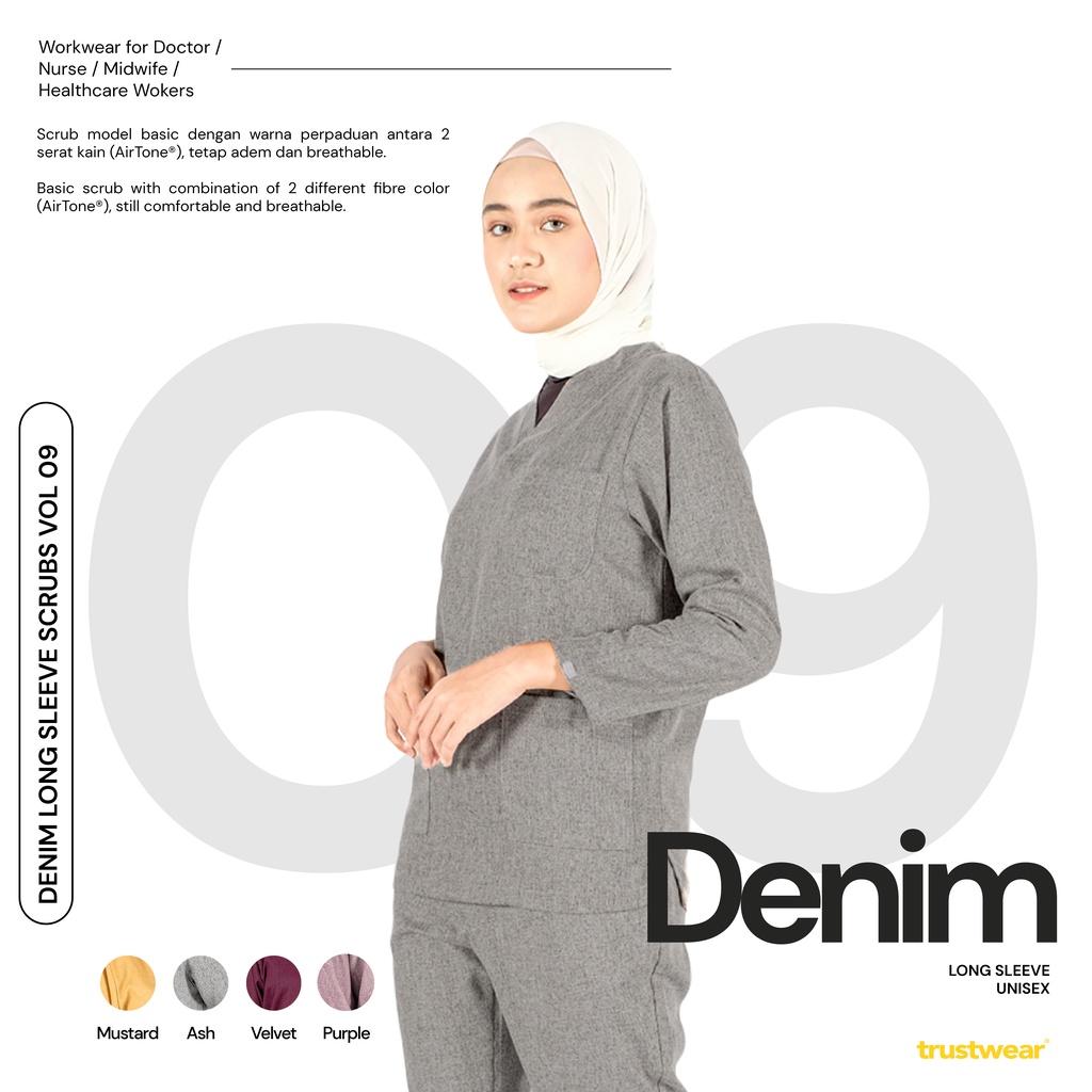 DENIM COLLECTION] Doctor’s Scrub/Set Baju Celana Jaga  OKA OK Perawat/Dokter Lengan Panjang IX