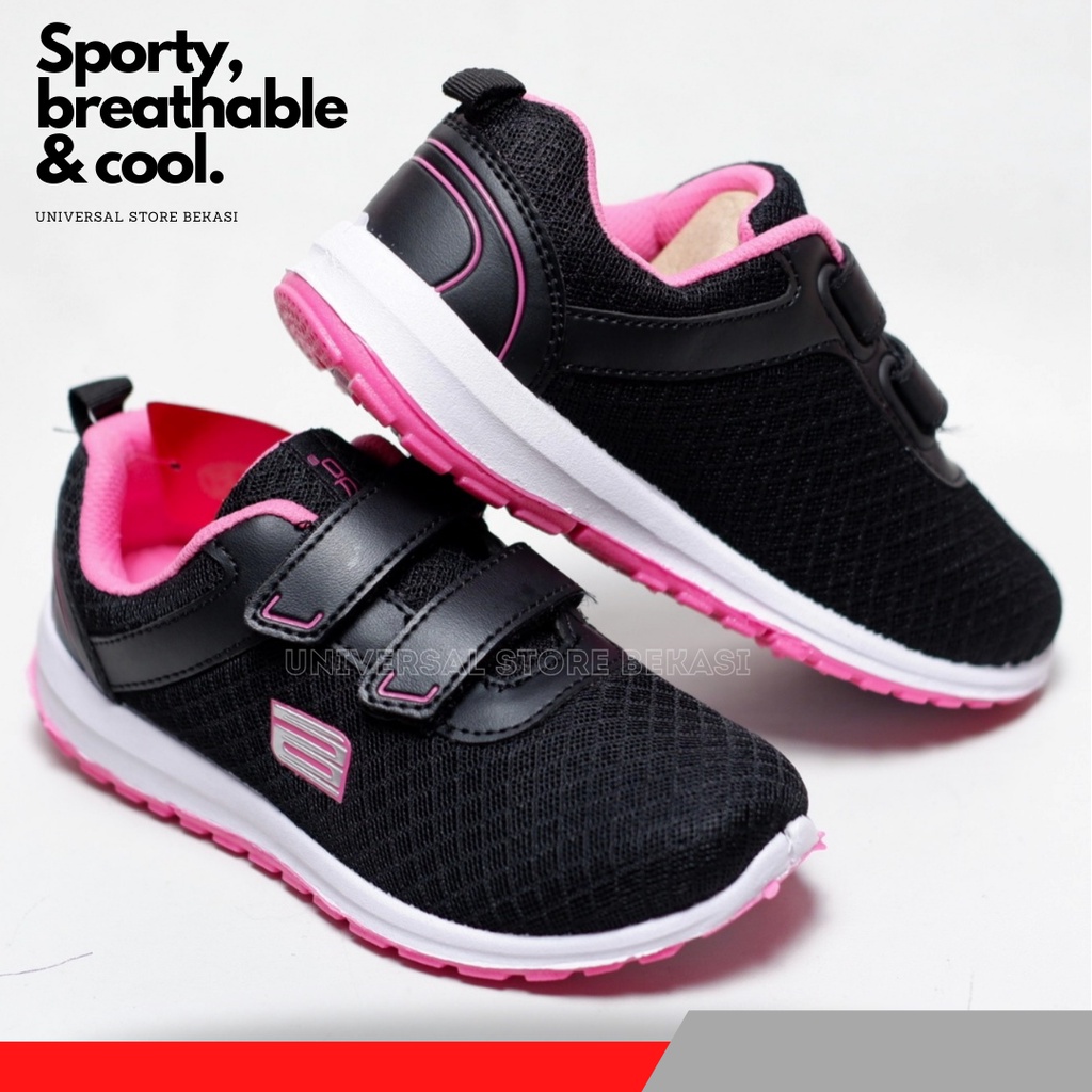 Sepatu Anak Sekolah Perempuan Paud TK Kelas 1 SD Anak-anak Cewek Kecil Ando Perekat Hitam Full Pink Spatu Sneakers Skolah Usia 4 5 6 7 Tahun Size 29 30 31 32 -Aida -