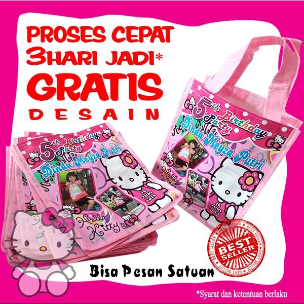 

Tas Ultah Anak karakter Hello Kitty / Tas Jinjing Souvenir custom Ulang Tahun Hello Kitty goodiebag custom foto anak Uk. A 15x20cm