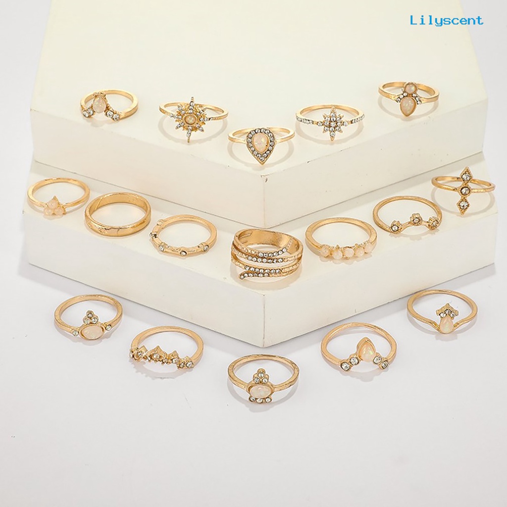 17pcs / Set Cincin Jari Permata Berlian Imitasi Gaya Bohemian Untuk Wanita