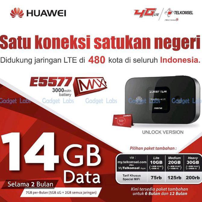 Huawei E5577 MAX Mifi Modem Wifi 4G LTE UNLOCK FREE TELKOMSEL 14GB - Hitam Versi 321