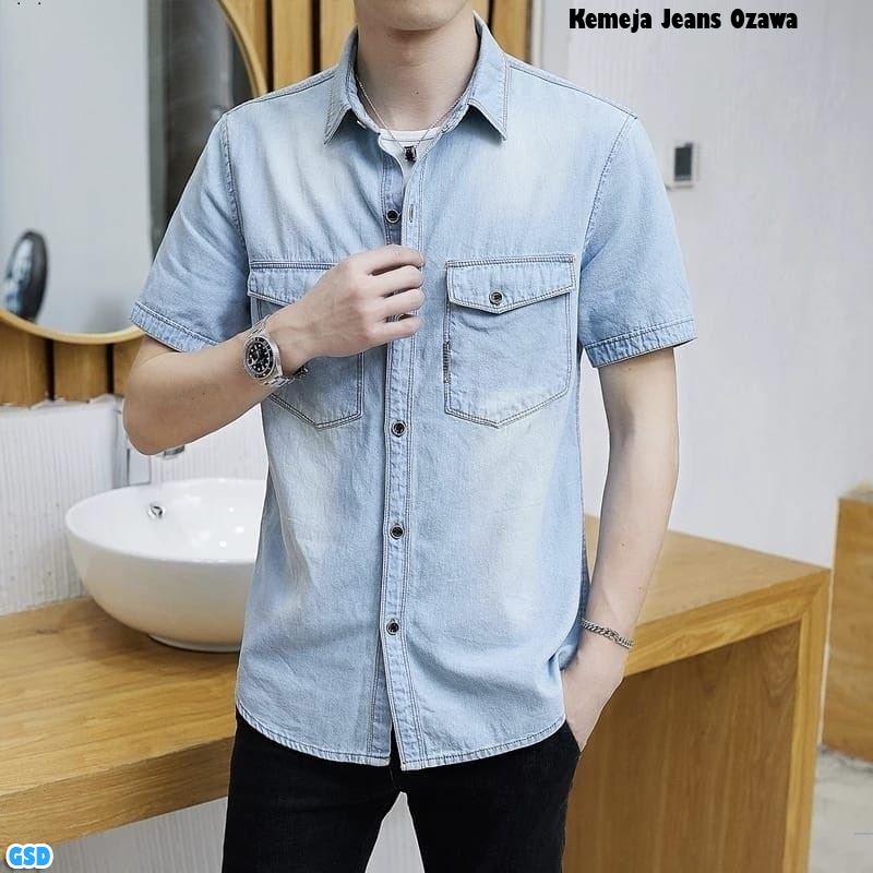 Kemeja jeans Ozawa/Jeans Shirt /Atasan Pria Lengan Pendek /Kemeja Denim Fashion / Pakaian Pria Murah