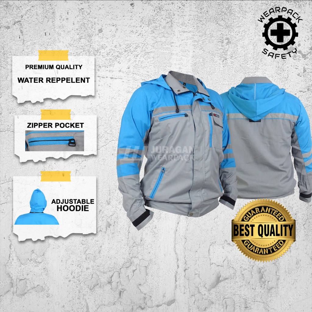 Wearpack Kerja / Wearpack Safety Jacket Hoodie Weather Shield Warna Biru Toska Kombinasi Abu-abu