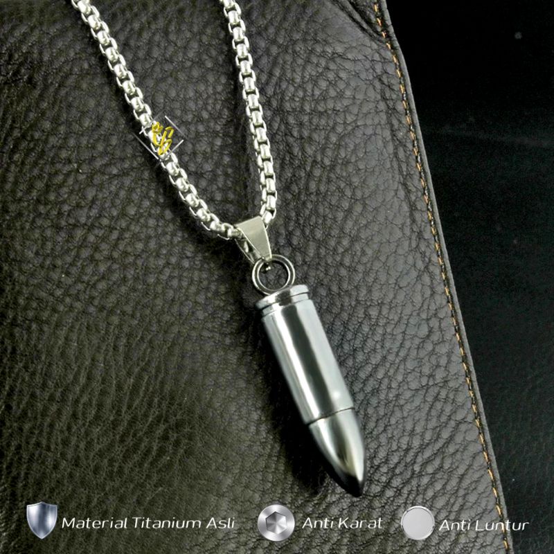 TERLARIS Kalung Pria Titanium Anti Karat Liontin Peluru Rantai Rante Silver Perak Emas Putih Asli