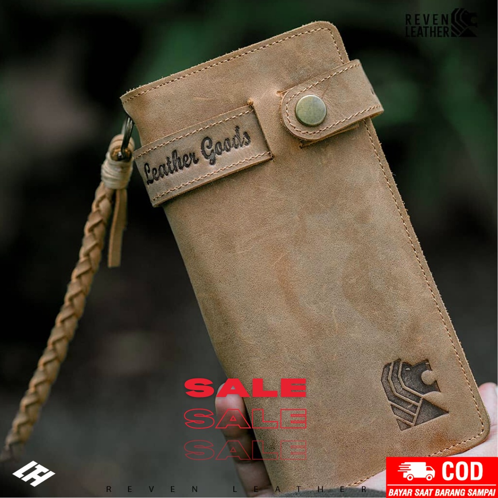 Dompet Panjang Pria Kulit Asli dengan Tali Pengait Rantai Kulit - Original Reven Vintage Long Wallet