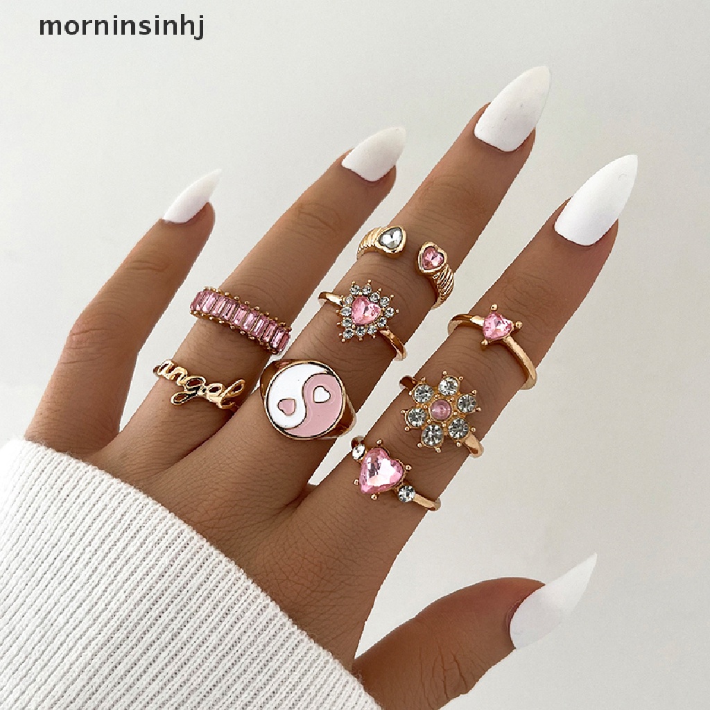 Mornin 8pcsset Cincin Bentuk Hati Warna Pink Gaya Punk Untuk Wanita