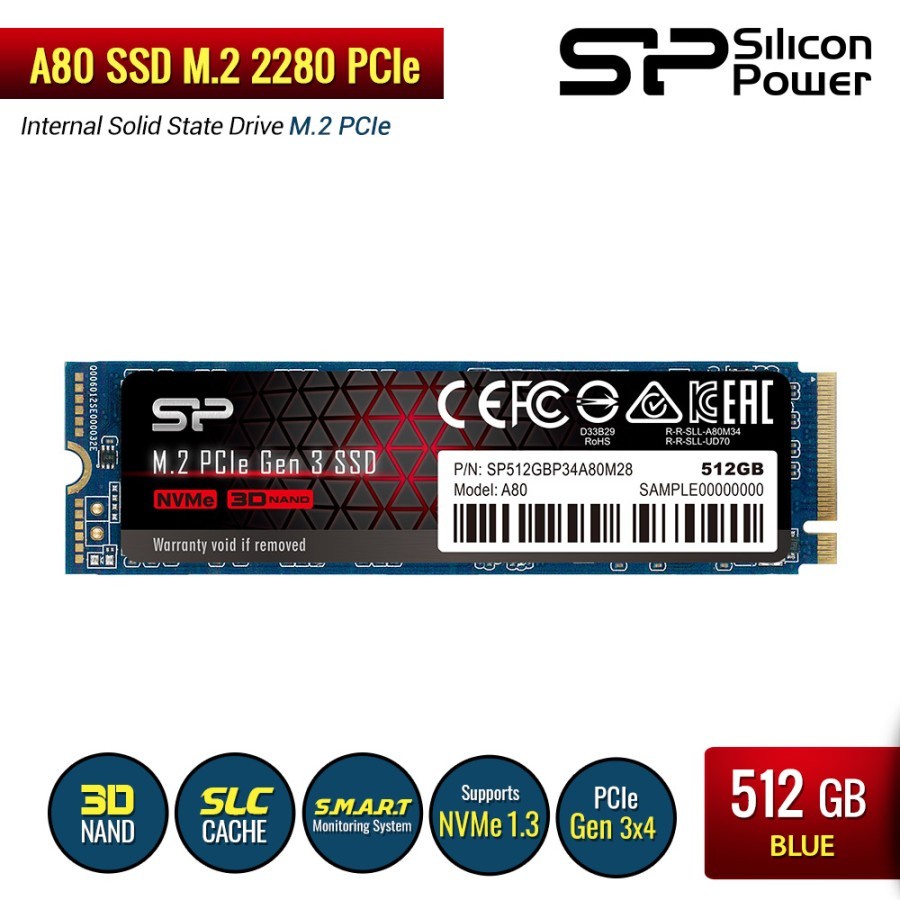 SSD P34A80 512GB M.2 NVMe PCIe Gen3x4 Silicon Power Solid State Drive