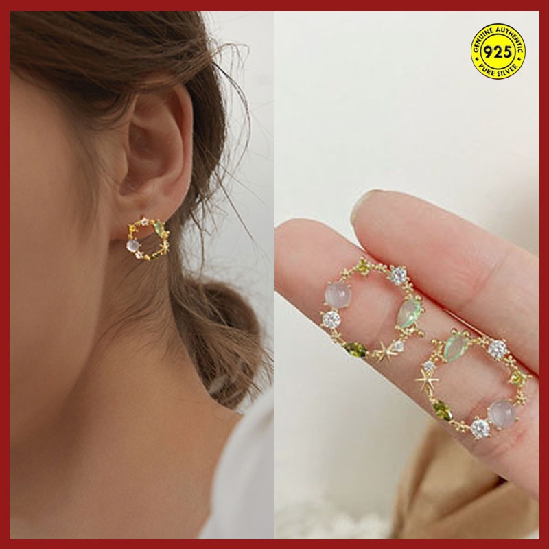 Anting Stud Sterling Silver 18K Bentuk Lingkaran Aksen Zirkon Warna-Warni Anti Alergi Untuk Wanita