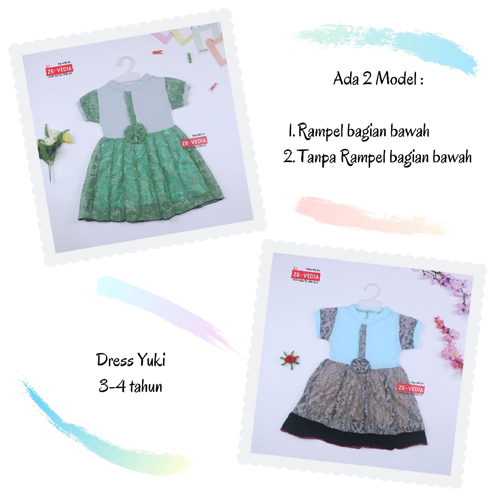 Dress Yuki uk 3-4 Tahun / Dres Lengan Anak Perempuan Brukat Adem Murah Baju Gaun Pesta Import