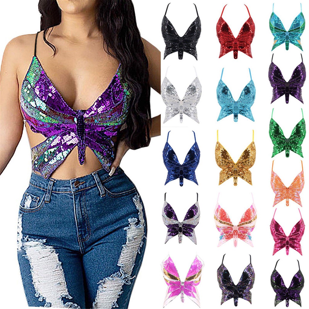 Summer Multi-color Bandage Butterfly Sequin Top Sexy Summer Tops Vintage Womens Lace Up Tank Top T S