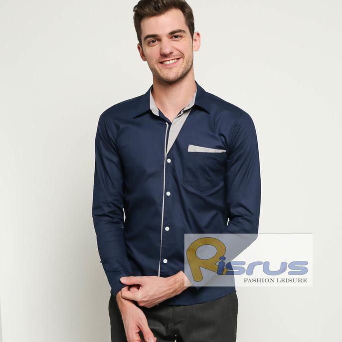 HEM ALISAN KEMEJA PRIA LENGAN PANJANG BAJU KEMEJA COWO COWOK SLIMFIT - Navy, M