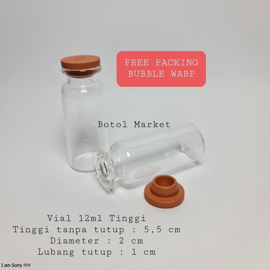 Vial 12ml TINGGI botol kaca tester tutup karet rubber stopper