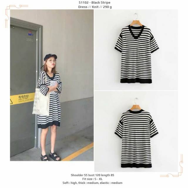 Dress jumbo rajut salur hitam