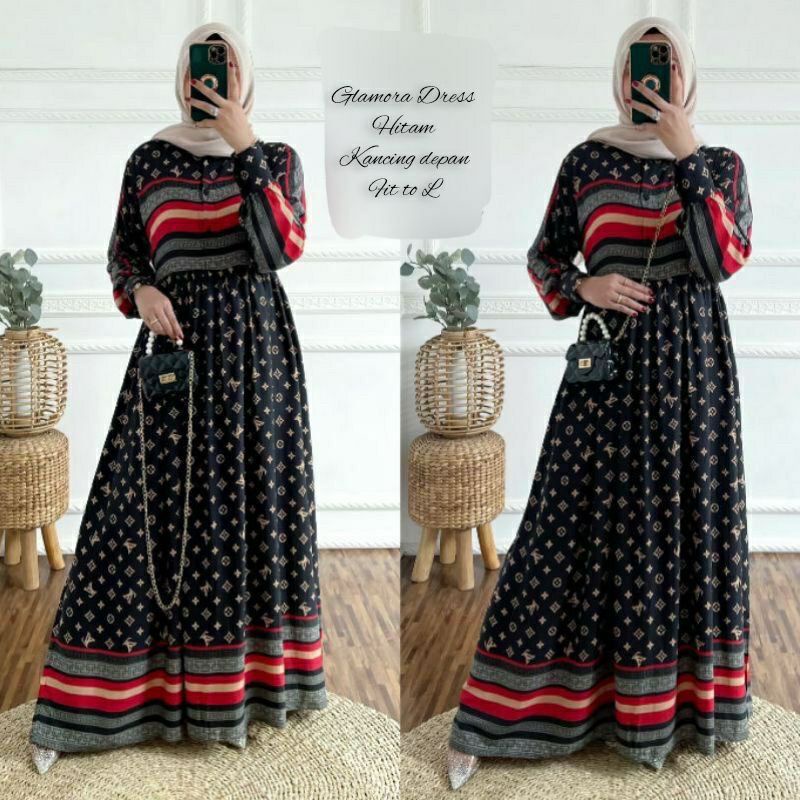 DRESS GLAMORA BUSUI MOTIF ELVI HITAM | GAMIS BRANDD LIVI SALUR | MAXI SALUR