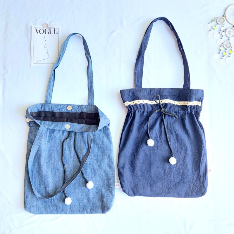 Totebag Serut Blue Denim Tas Kuliah Bahan Jeans