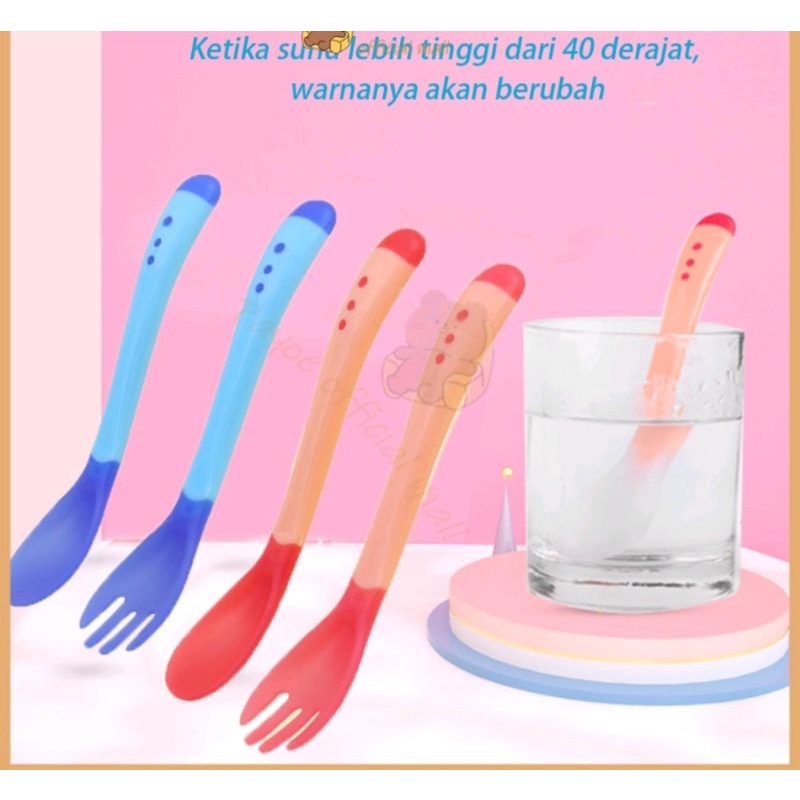 SENDOK GARPU MAKAN BAYI SILIKON DENGAN SENSOR SUHU PANAS SAFETY BABY SPOON LEMBUT