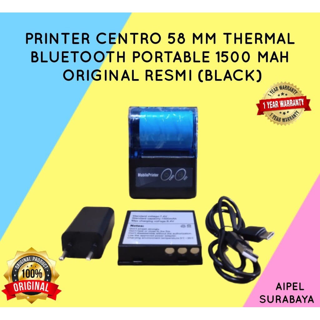 58BP | PRINTER CENTROO 58 MM THERMAL BLUETOOTH PORTABLE 1500 MAH ORIGINAL RESMI (BLACK)