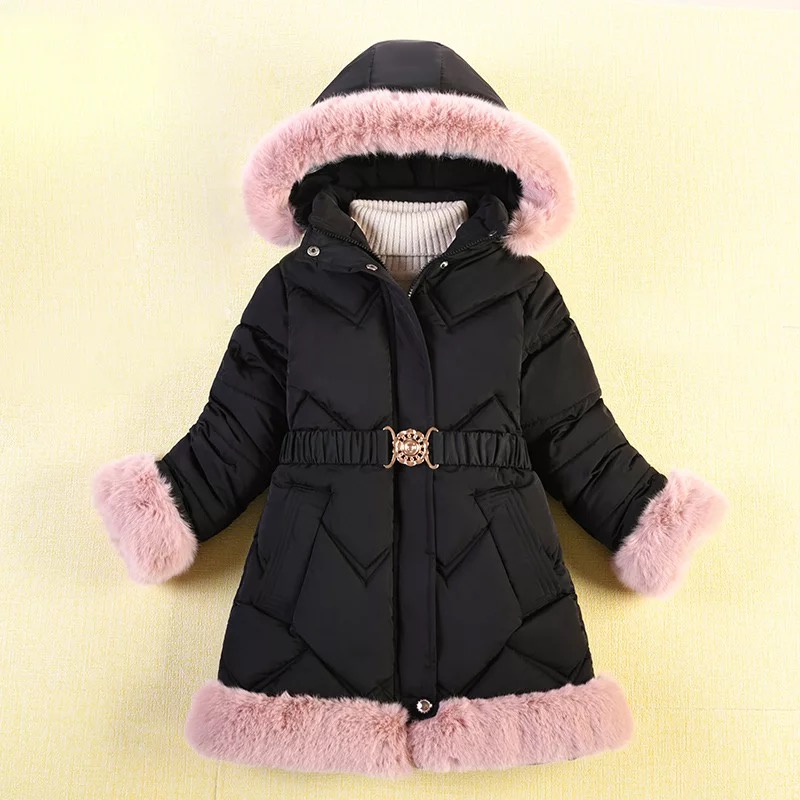 Jaket Winter Hoodie Bulu Anak Perempuan dengan Gesper