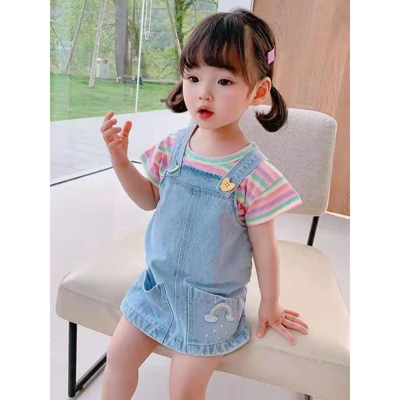 KF CAT Dress Jeans Overall Anak Perempuan Motif Stripe Rainbow Import Pakaian Anak Cewek 9bulan - 3tahun-1