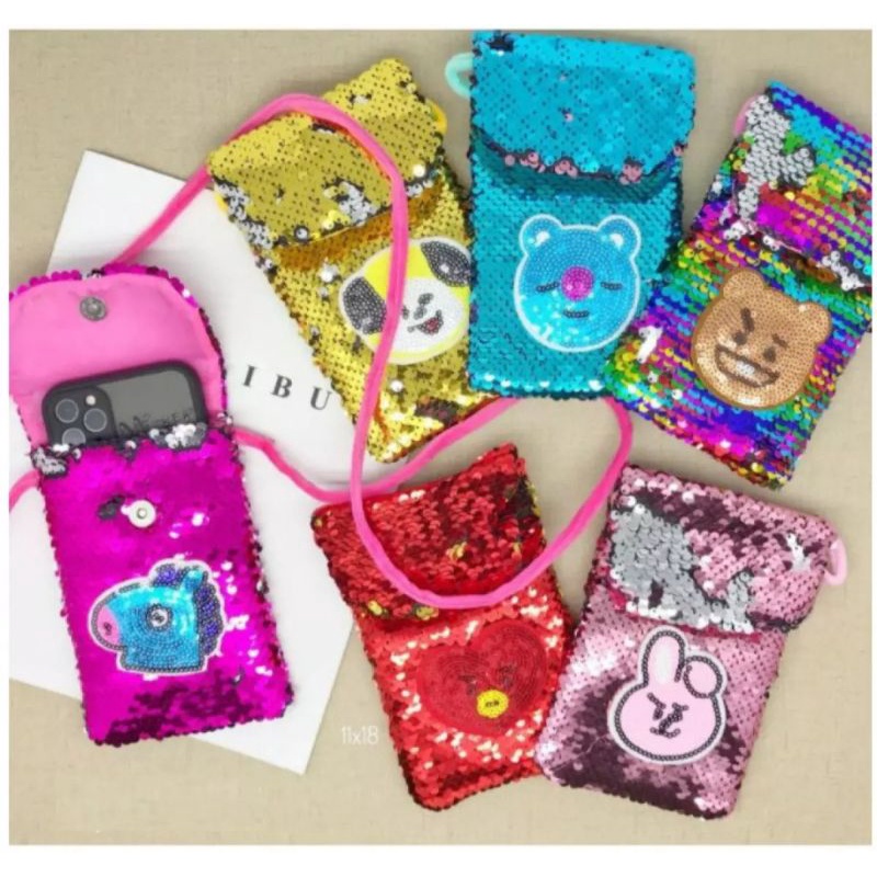 Tas Selempang Dompet HP Anak Bahan Sequin Usap Tutup Magnet BTS BT21