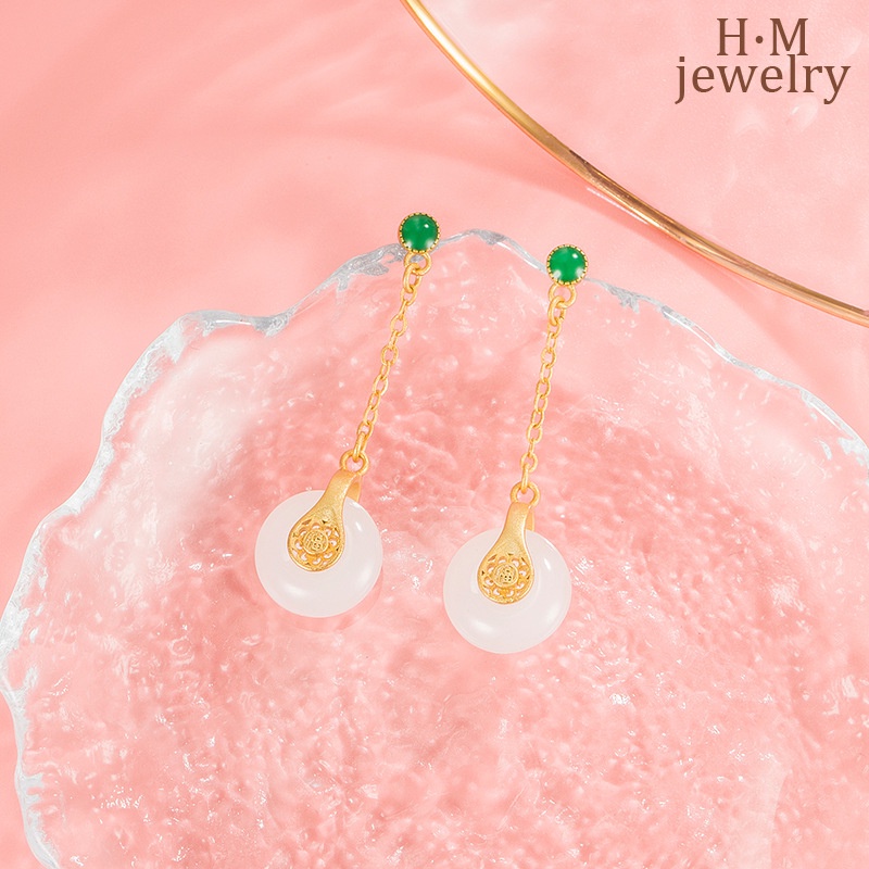 Anting Gantung Batu Giok Hetian Fu Gaya Cina Retro Untuk Wanita