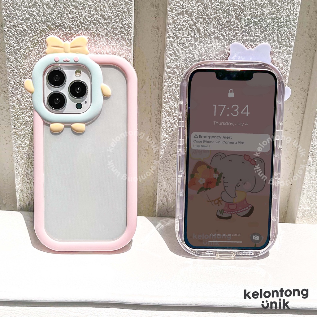 For iPhone - 3D Cute Little Monster with Bow 2 in 1 Soft Case/ Casing Kamera Pita