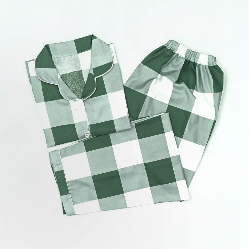 Baju Tidur Wanita / Piyama Wanita Tie Dye Set Motif Kekinian-Kotak Green