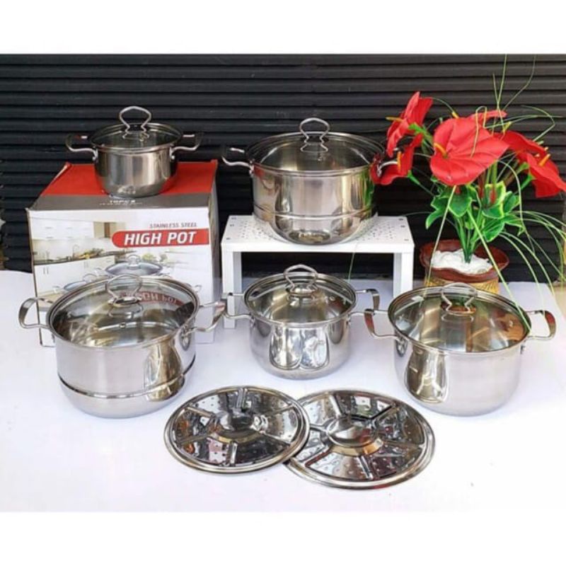 (COD) Panci High Pot Set Tutup Kaca / Panci Stainless Steel 12 Pcs / Panci Stainless Murah