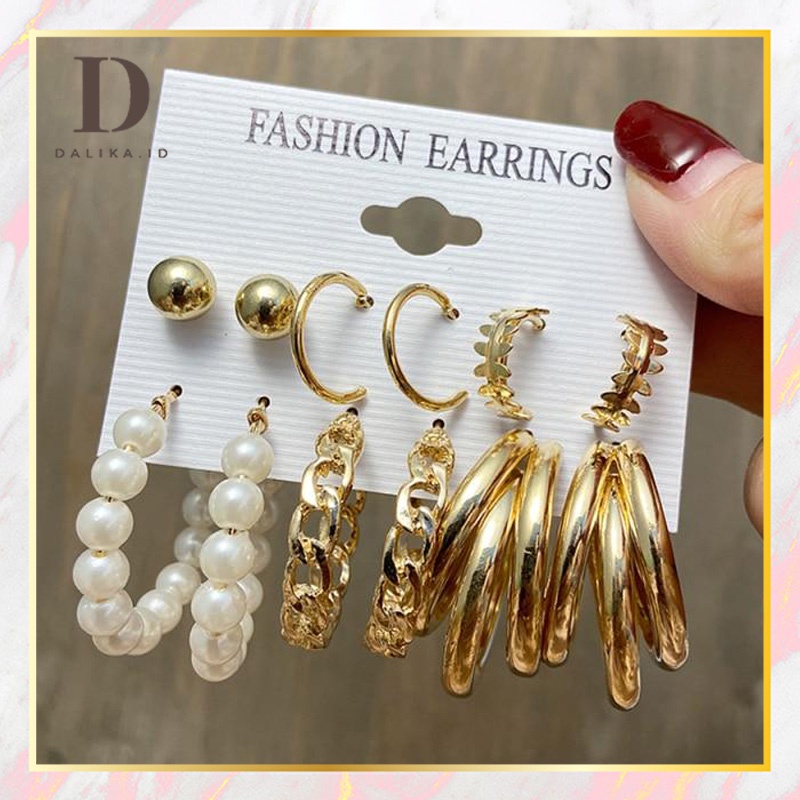 Anting Set Mutiara Tusuk 6 Set Korea Hoop untuk Wanita Dalika