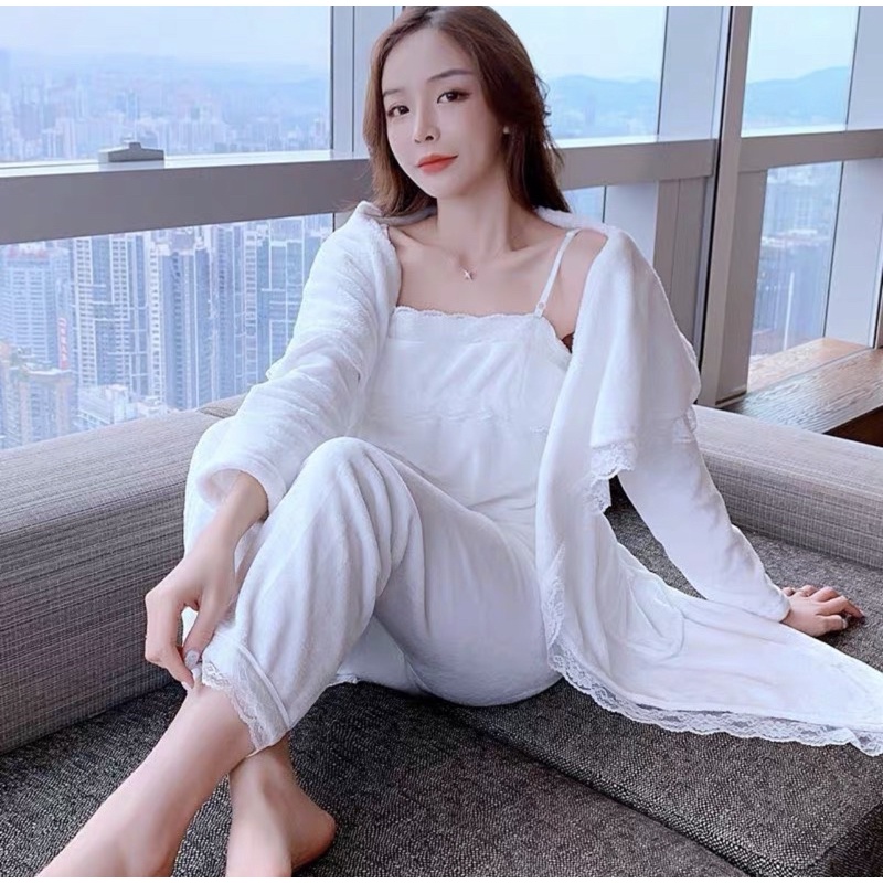 JC- Set Piyama Bulu Bludru PP / Piyama Kimono wanita terbaru / Stelan Bludru Premium import Murah-3in1 aura Lace White