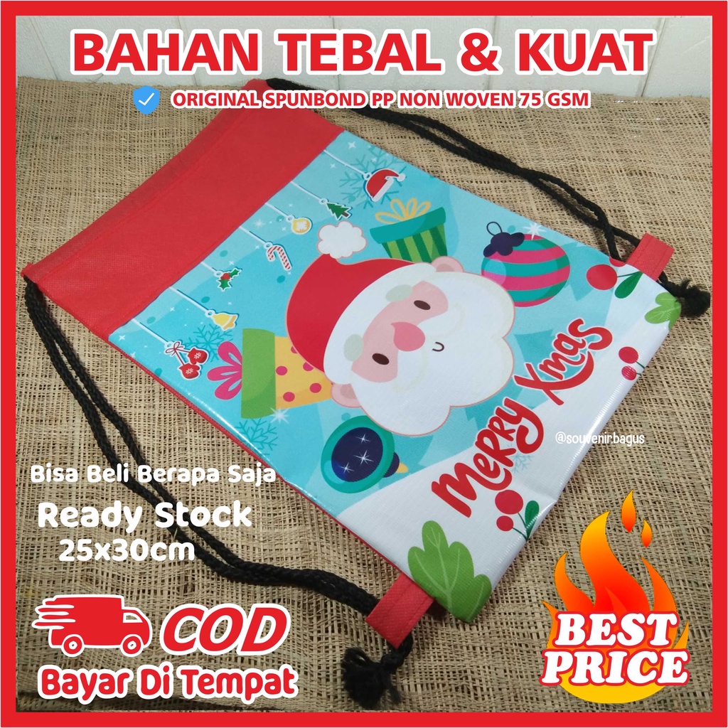 Tas Ultah Serut Backpack Ready Stock Tas Ulang Tahun Tas Souvenir String Bag isi 10 pcs = 0.5 kg-Natal Santa