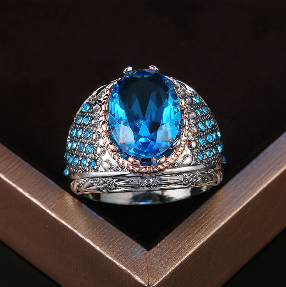 Cincin Baja Titanium Safir Mewah Kristal Berlian Biru Fashion Pria Perhiasan Perak Naik Emas Rings