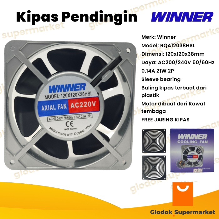 Kipas Pendingin Winner 12cm Cooling Fan AC 220v 12 x 12 x 3 cm Sleeve Bearing Kawat Tembaga