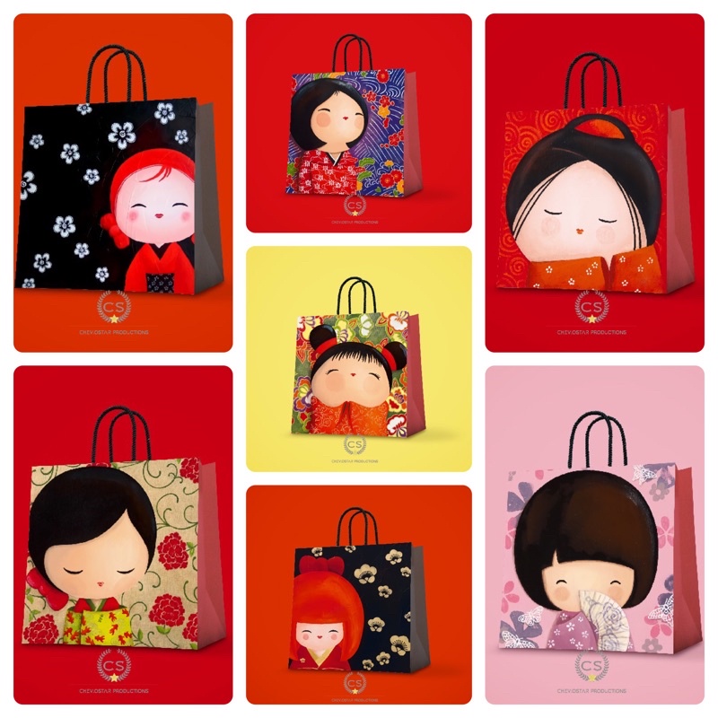 

paperbag custom kokeshi doll/hampers ulang tahun/goodie bag ulangtahun/paperbag custom