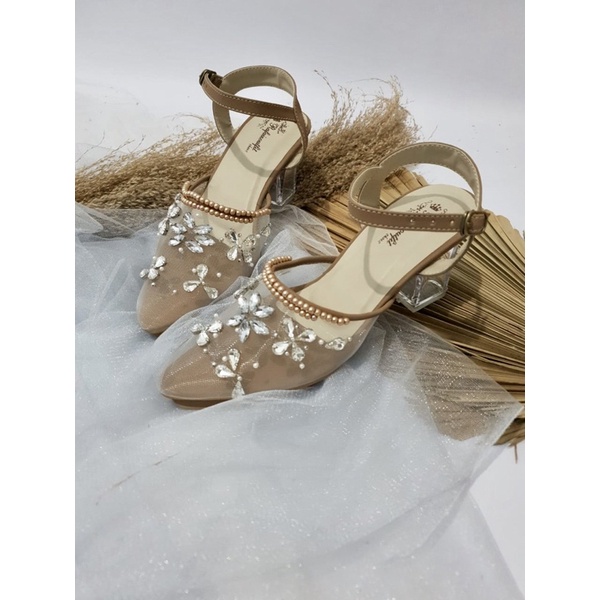 sepatu wedding diamont mocca tali tinggi 7cm kaca