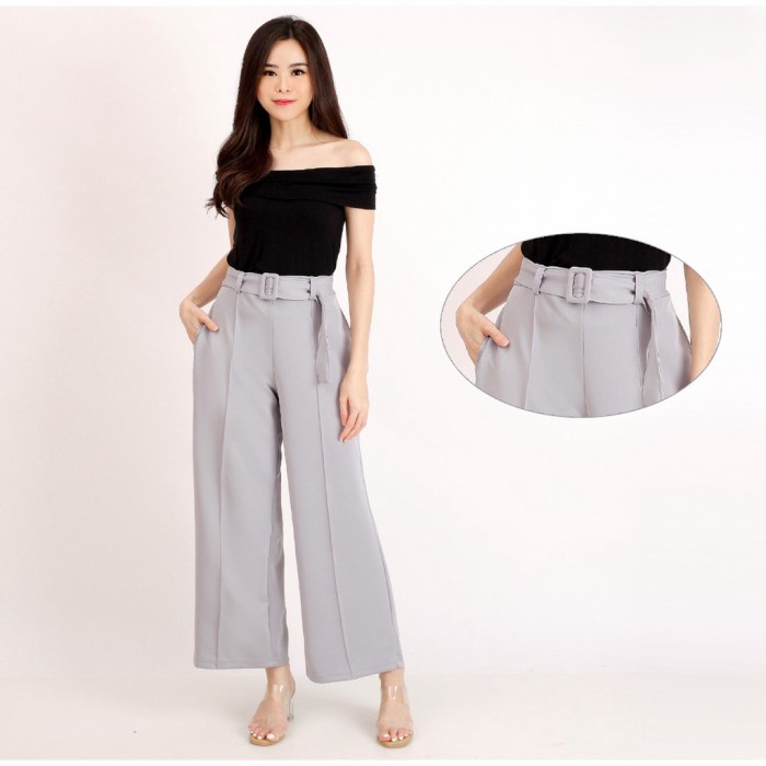 Celana Kulot Wanita Panjang Bahan Scuba Tebal Kekinian 987 Free Belt - Grey (M8M1) Celana Kulot Jean